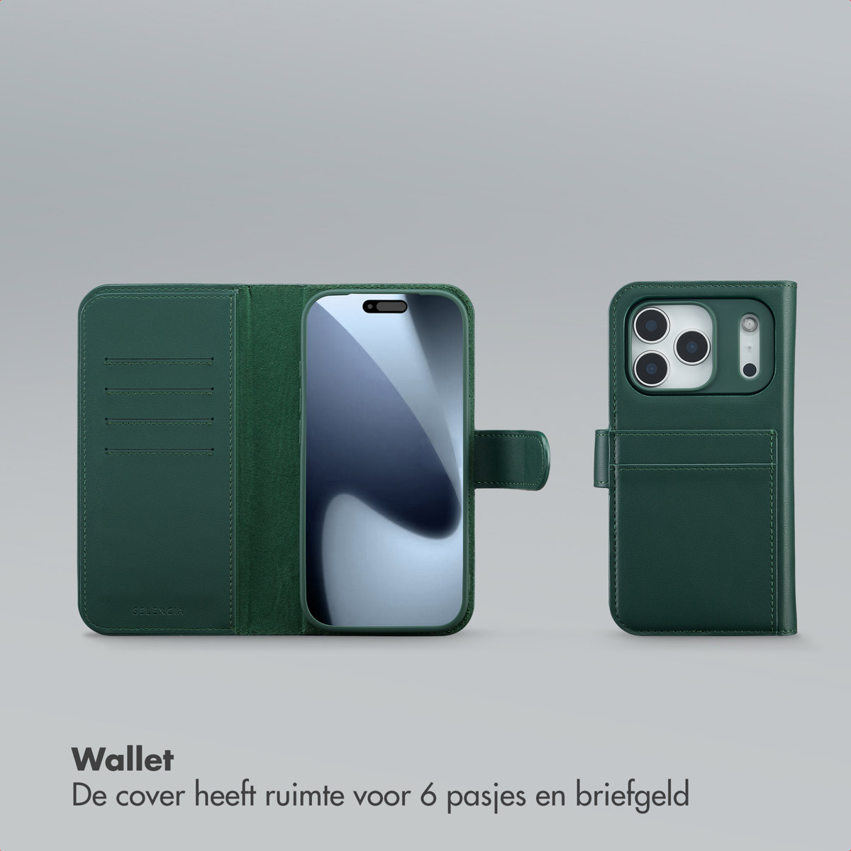Étui portefeuille vert pour téléphone, ouvert et fermé, l'un à côté de l'autre. Le téléphone est visible dans l'étui ouvert. Texte: Portefeuille, 6 cartes et espèces.