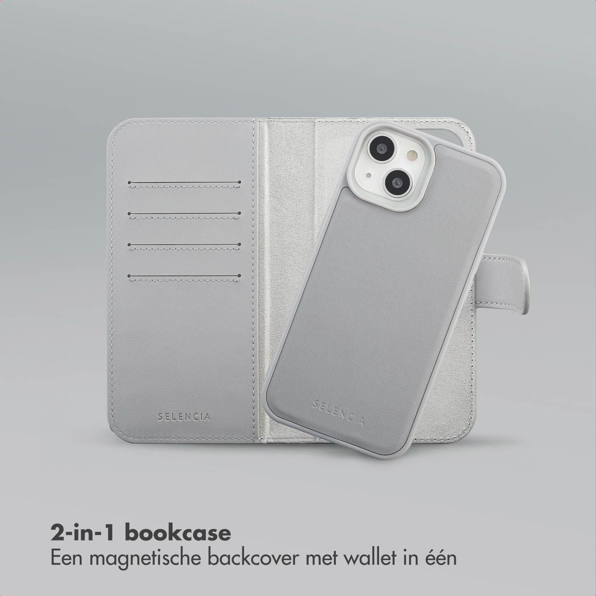 Un étui de téléphone gris 2-en-1 avec un portefeuille. Il est ouvert, révélant le téléphone et l'intérieur du portefeuille. SELENCIA est imprimé.