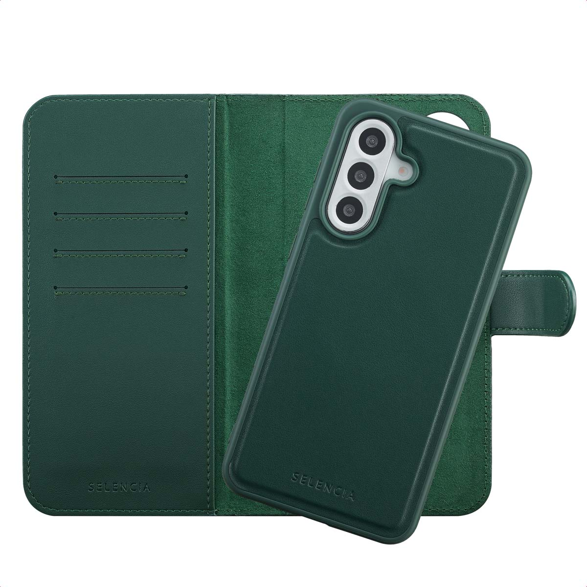 Een groene telefoonhoes met portemonnee-ontwerp, met een telefoon en kaartsleuven. De merknaam 'Selencia' is zichtbaar.