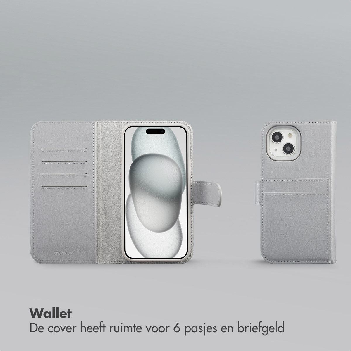 Un étui portefeuille de téléphone gris clair, ouvert et fermé, avec un téléphone à l'intérieur. L'étui ouvert montre des fentes pour cartes.