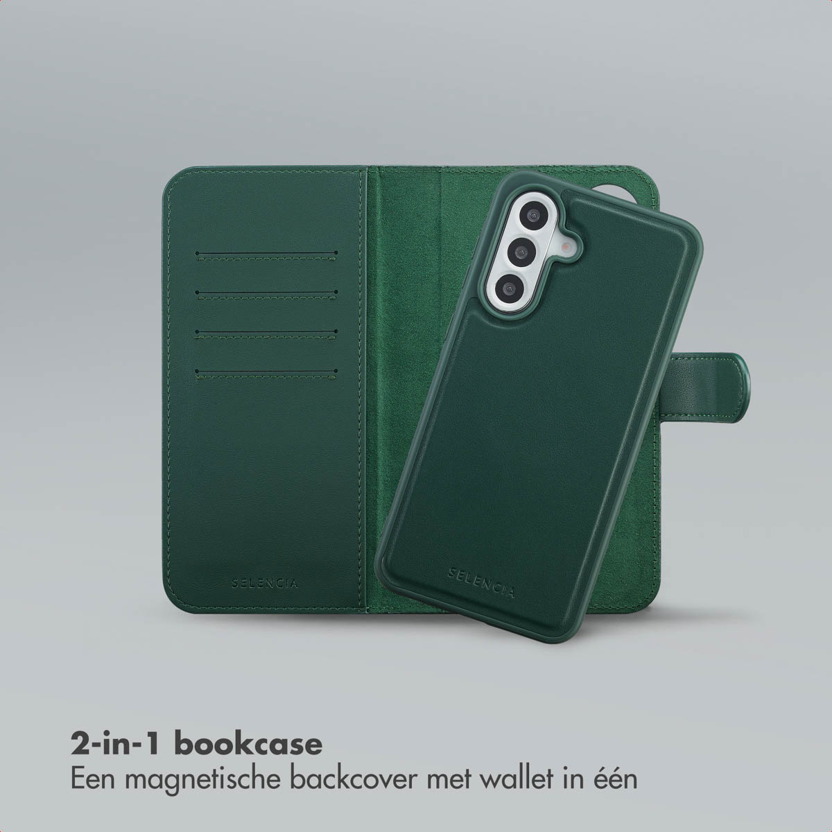Een groene telefoonhoes en portemonnee worden open getoond. De hoes is aan de portemonnee bevestigd. De merknaam 'Selencia' is zichtbaar.