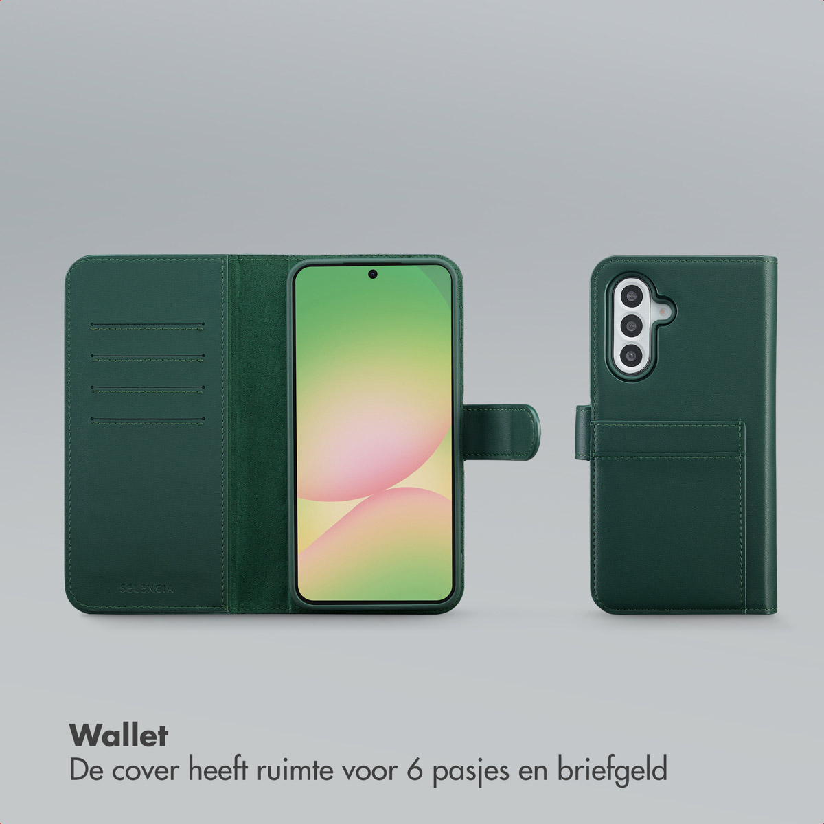 Een groene telefoonportemonneehoes met een telefoon erin. De hoes is open en toont het telefoonscherm. De andere kant van de hoes is rechts.
