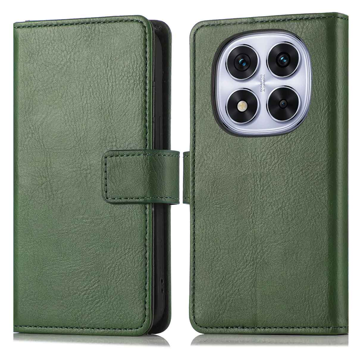 Groene leren telefoonhoes open, met telefooncamera en portemonnee-achtig ontwerp met magnetische sluiting.