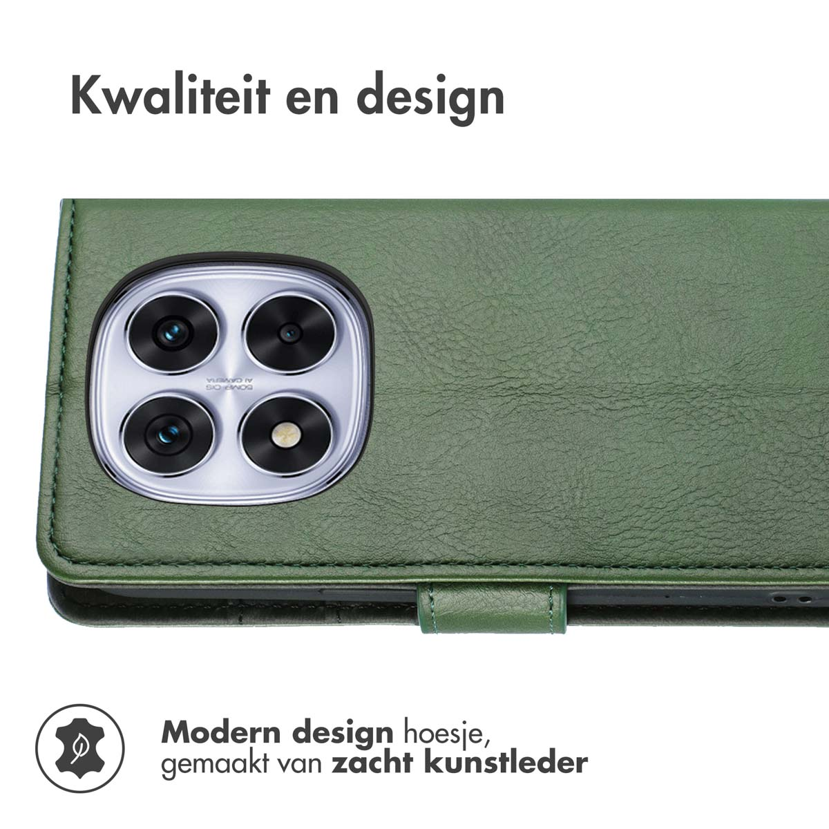 Groene telefoonhoes met cameradetail. Tekst luidt 'Kwaliteit en design' en 'Modern design hoesje, gemaakt van zacht kunstleder'.