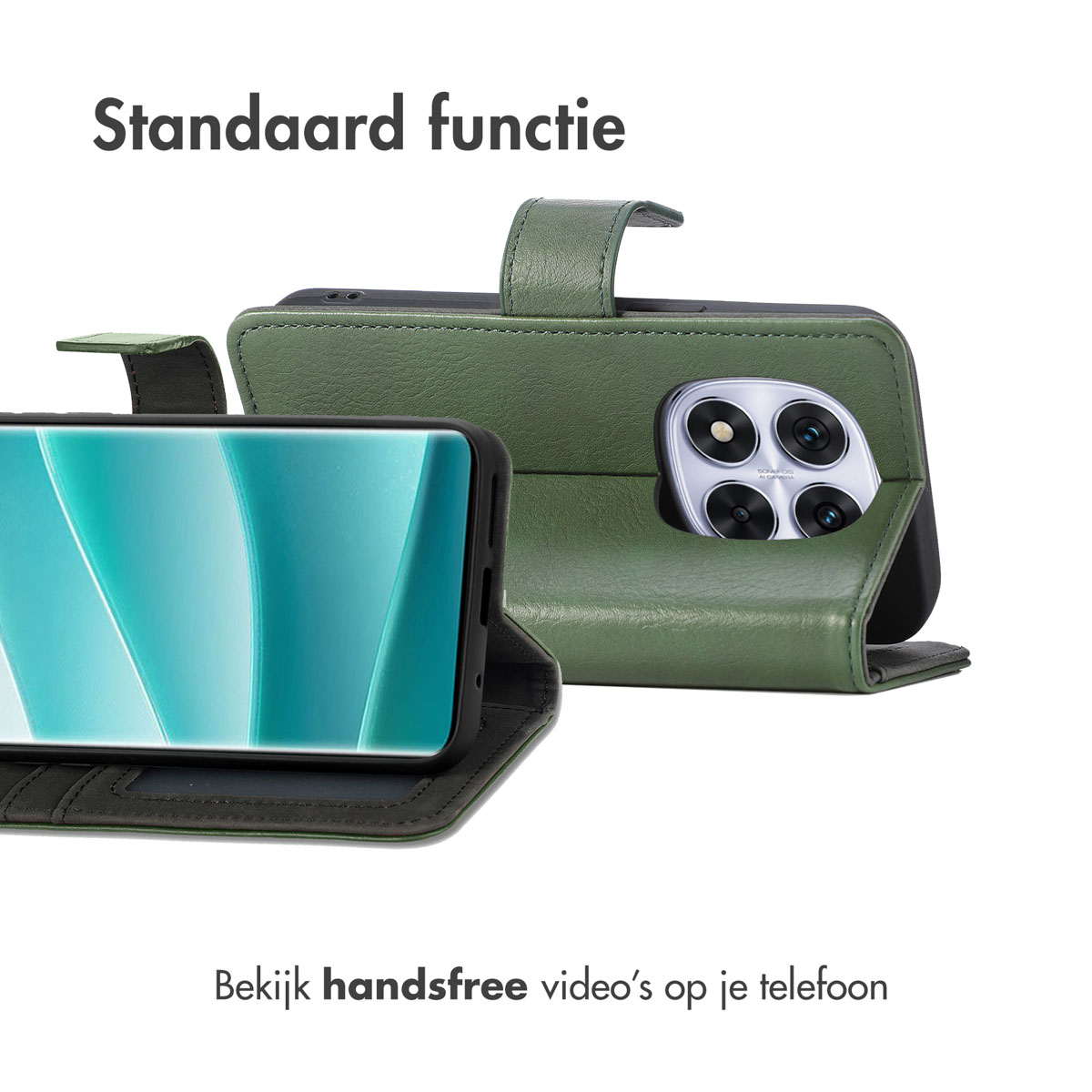 Groene telefoonhoes met een telefoon erin. De telefoon toont een scherm met een witte en groene achtergrond. De hoes is open.