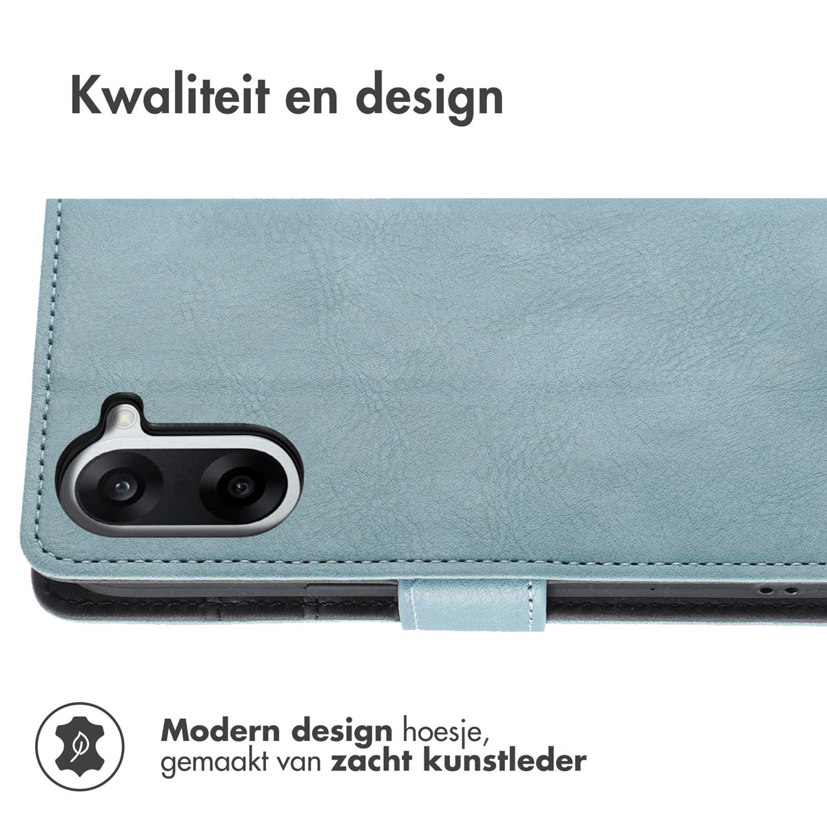 Een lichtblauwe telefoonhoes met een camera-uitsparing. Bovenin staat 'Kwaliteit en design'. Onderaan staat 'Modern design hoesje'.