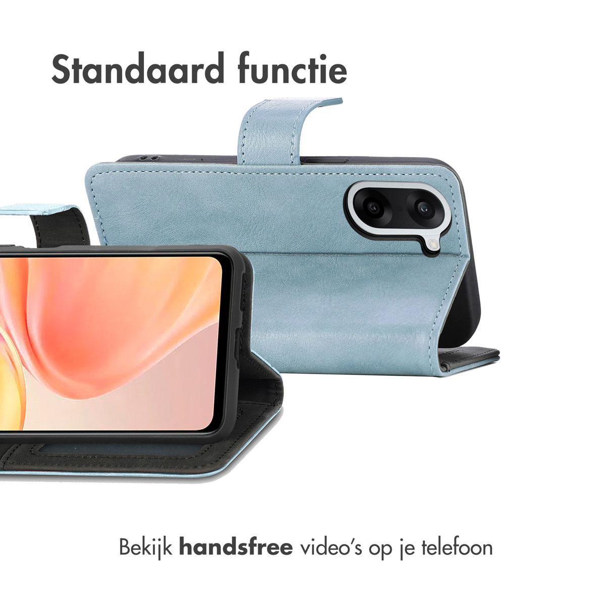 Een telefoonhoesje met een telefoon erin. De case is lichtblauw. Het telefoonscherm toont een perzik-kleurige afbeelding.