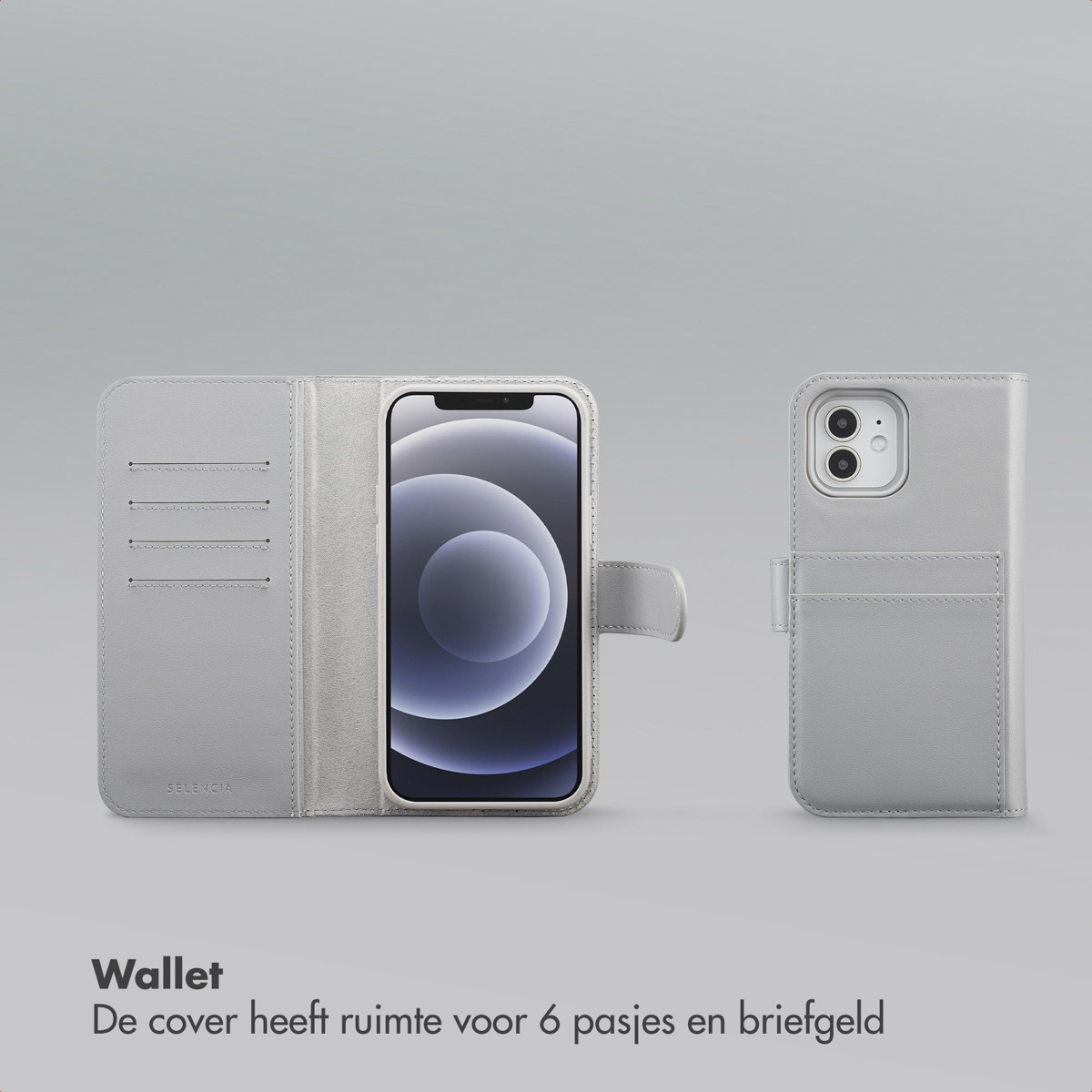 Een lichtgrijze telefoonportemonnee met een telefoon erin. Hij is open en toont het telefoonscherm. Daarnaast de achterkant van de hoes.