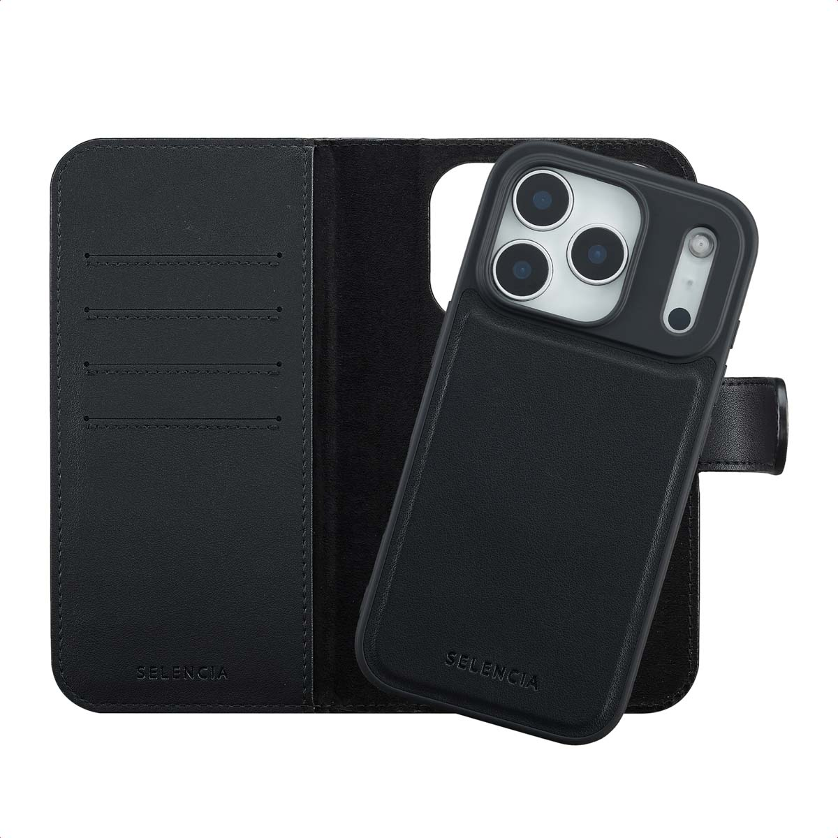 Étui de téléphone en cuir noir avec un portefeuille ouvert. L'étui a un téléphone attaché et le côté portefeuille a des fentes pour cartes. Le logo SELENCIA est visible.
