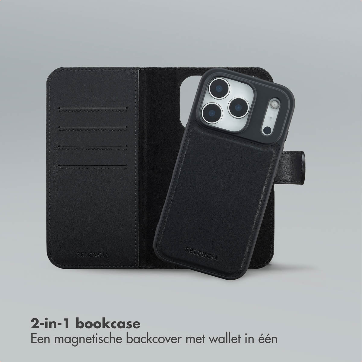 Un étui de téléphone noir, ouvert, avec un téléphone attaché. L'étui a un design de portefeuille et la marque est SELENCIA.
