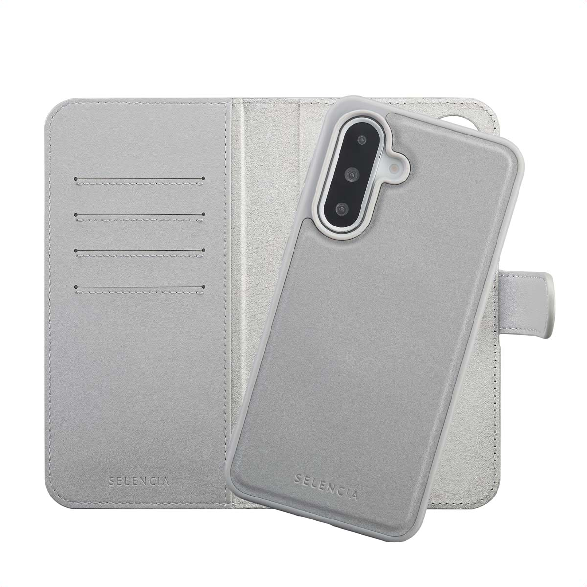 Un étui de téléphone gris avec un téléphone à l'intérieur, ouvert, sur fond blanc. La marque Selencia est visible.