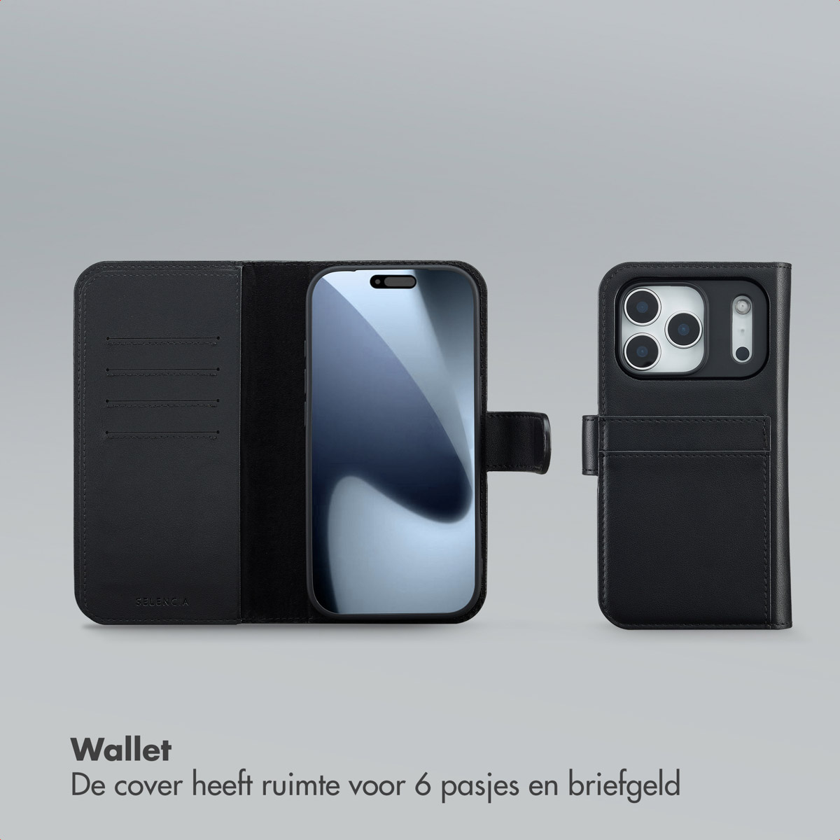 Étui de téléphone en cuir noir avec fonction portefeuille. Montre l'avant et l'arrière. Le téléphone est inséré. Possède des emplacements pour cartes.