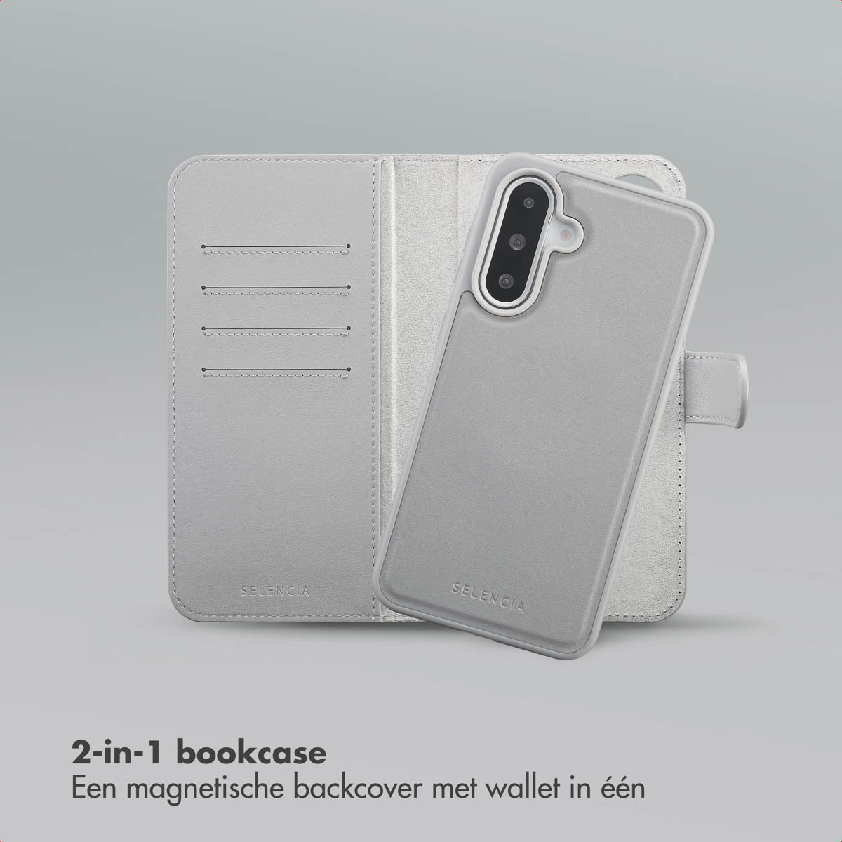 Un étui de téléphone gris 2 en 1 avec portefeuille. L'étui est ouvert, montrant des fentes pour cartes et le téléphone. Le fond est uni.