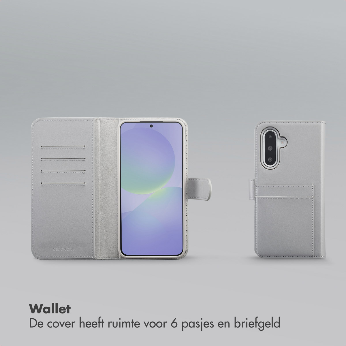 Un étui portefeuille gris clair, ouvert pour révéler un téléphone. L'étui comporte des emplacements pour cartes. L'écran du téléphone affiche un design coloré.