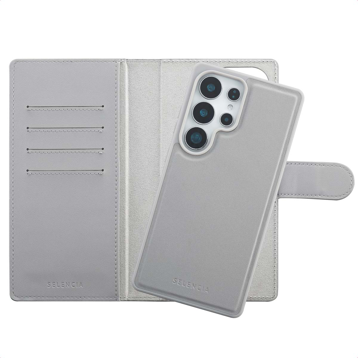 Un étui de téléphone gris avec un téléphone à l'intérieur, ouvert pour montrer le design intérieur. L'étui est étiqueté 'SELENCIA'.