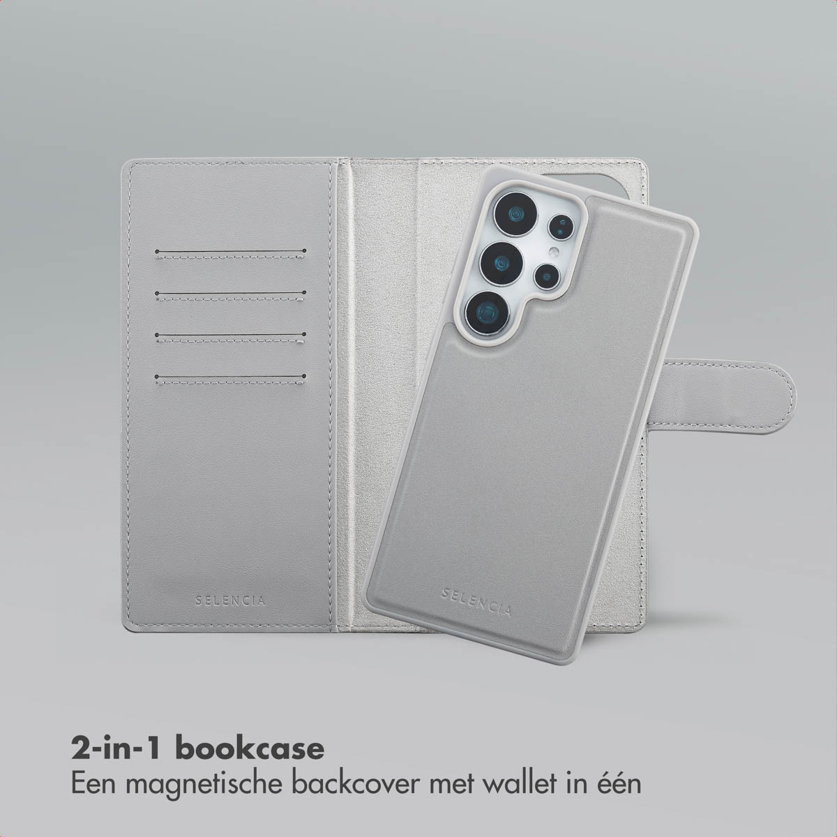 Un étui de téléphone gris avec un téléphone à l'intérieur, ouvert comme un livre. L'étui a une conception de portefeuille. Fond gris. SELENCIA.