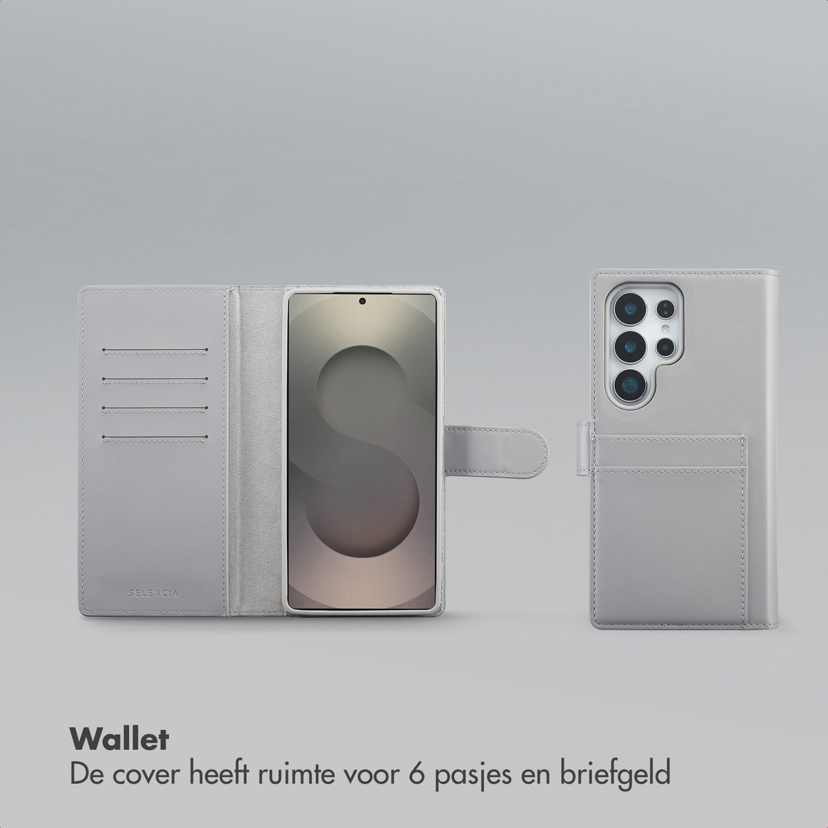 Un étui portefeuille de téléphone gris clair avec un téléphone à l'intérieur. Il comporte des fentes pour cartes et une fermeture magnétique. Le téléphone a un grand module caméra.