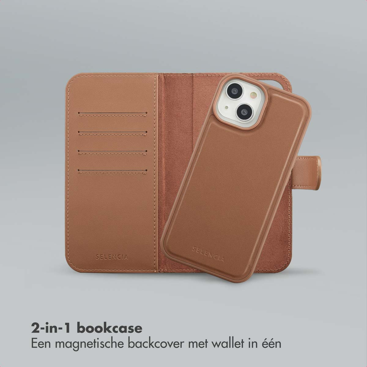 Un étui de téléphone 2-en-1 marron est ouvert, avec des fentes pour cartes. Un téléphone est attaché. La marque 'SELENCIA' est visible.