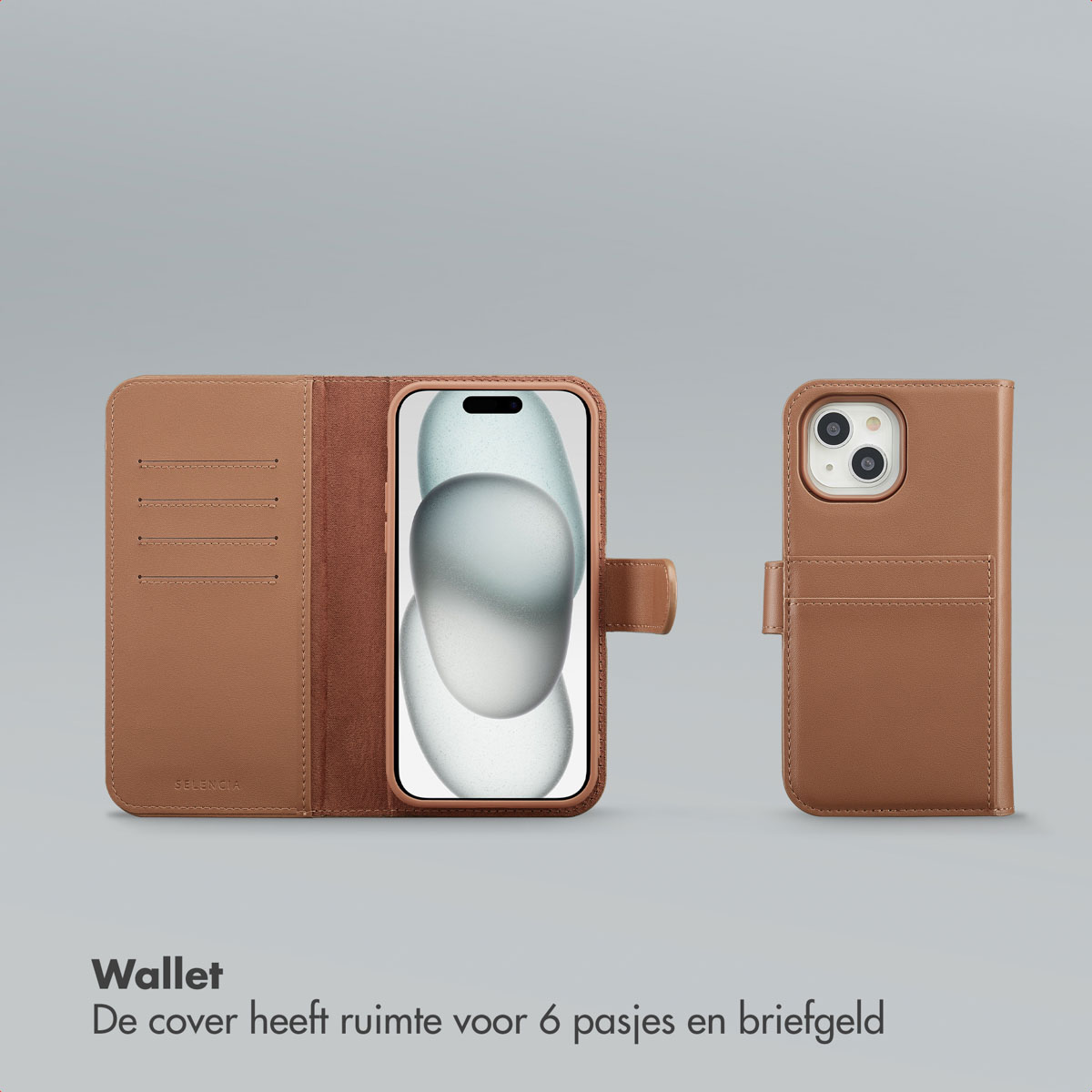 Étui portefeuille en cuir marron avec téléphone, ouvert et fermé. Comprend des fentes pour cartes et de l'espace pour de l'argent. Fond gris.