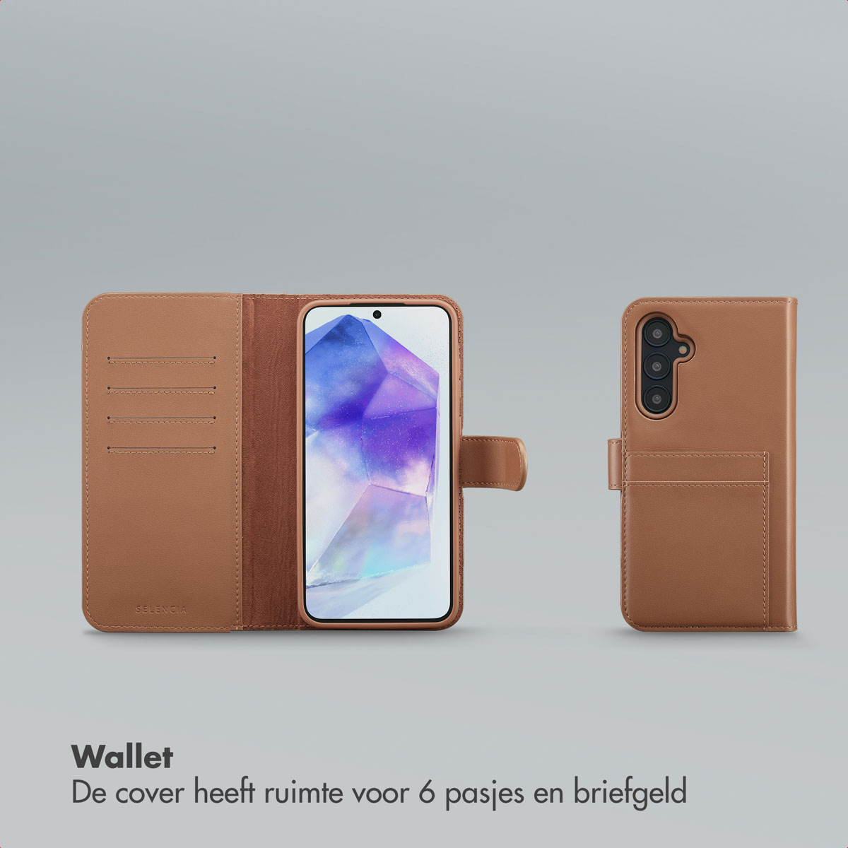 Una custodia per telefono in pelle marrone, stile portafoglio, aperta e chiusa, con schermo con motivo blu e viola.