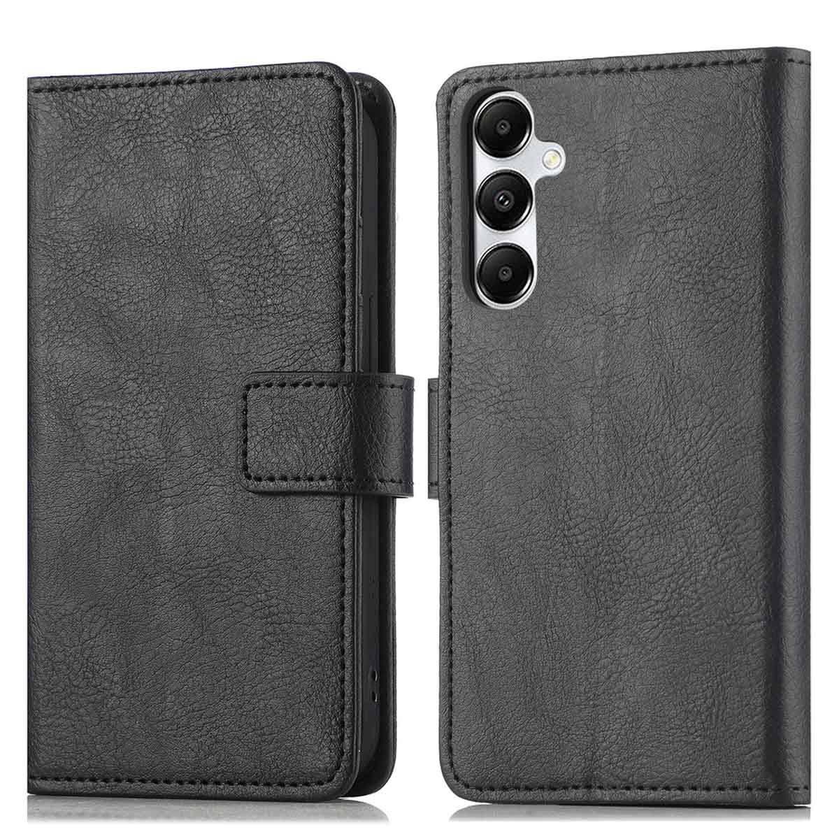 Zwarte leren telefoonhoes. Het is een hoes in portemonnee-stijl met een magnetische klepsluiting. Drievoudige camera-opstelling zichtbaar.