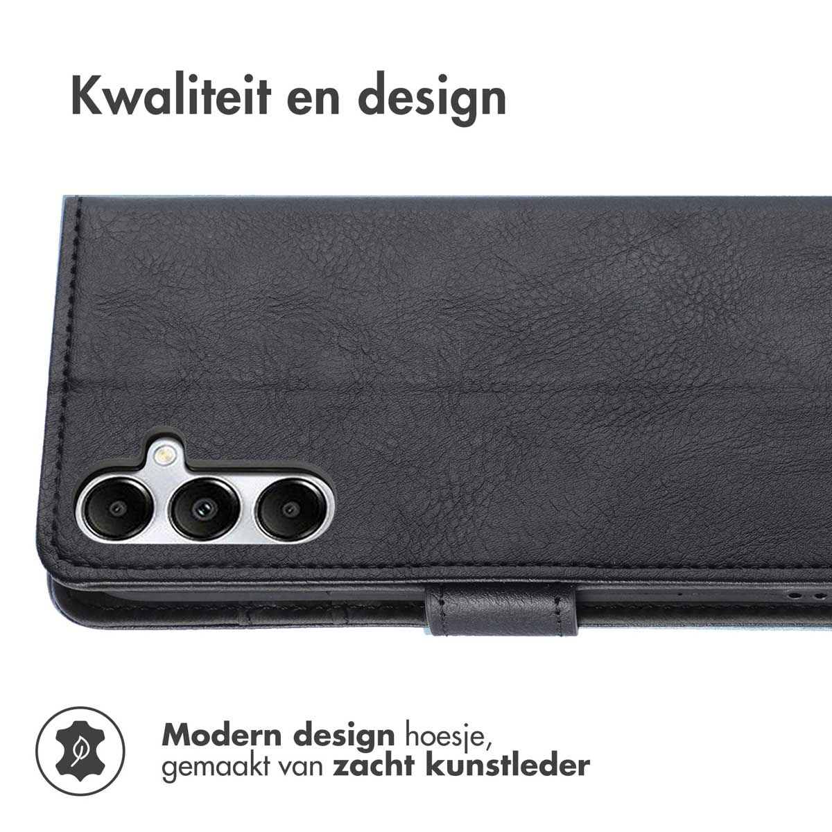 Een zwarte telefoonhoes met drie cameralenzen wordt getoond. De tekst 'Kwaliteit en design' staat bovenaan, en 'Modern design hoesje' onderaan.