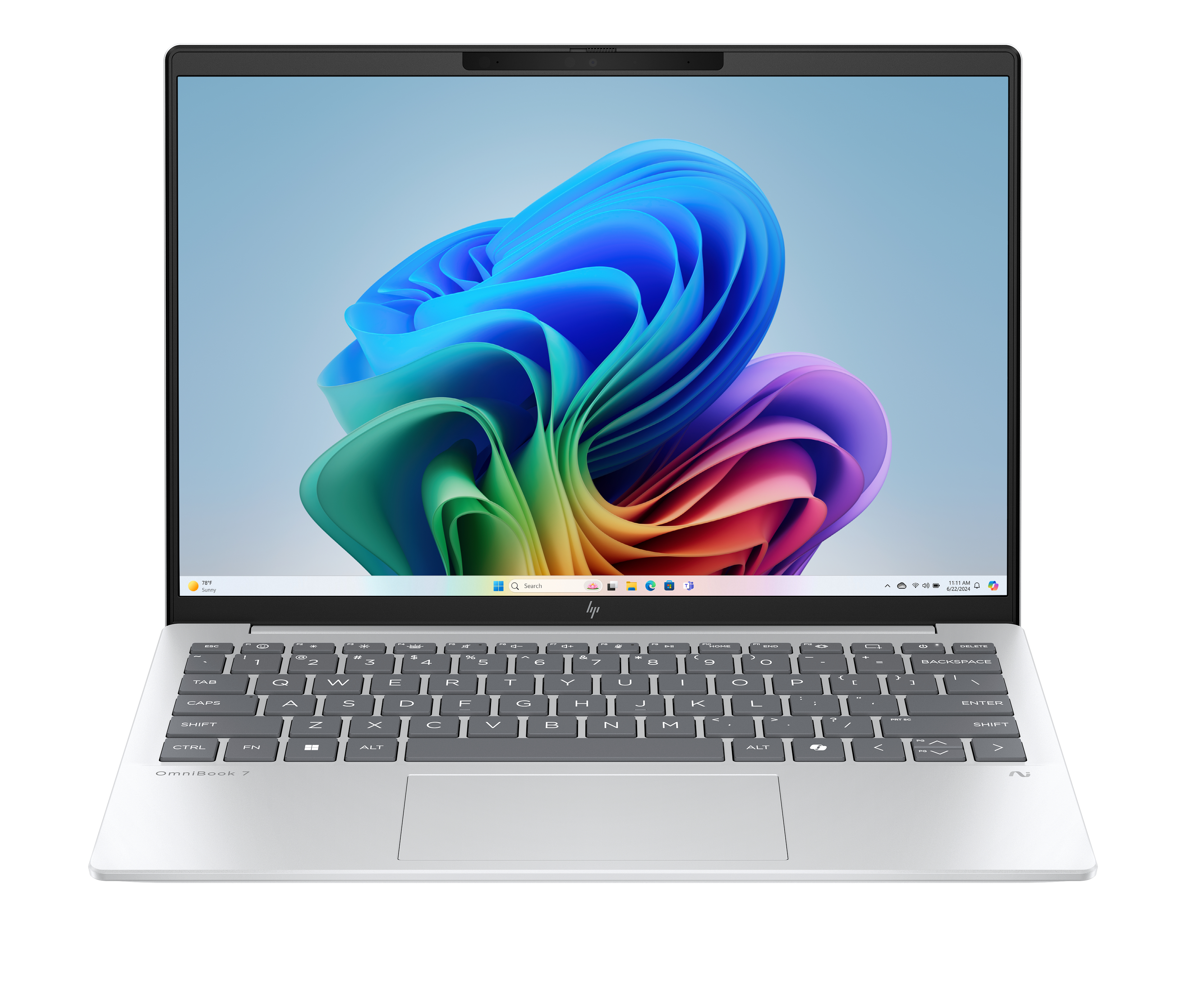 Zilveren laptop met kleurrijk abstract behang. Toetsenbord zichtbaar. Het is een HP OmniBook 7.
