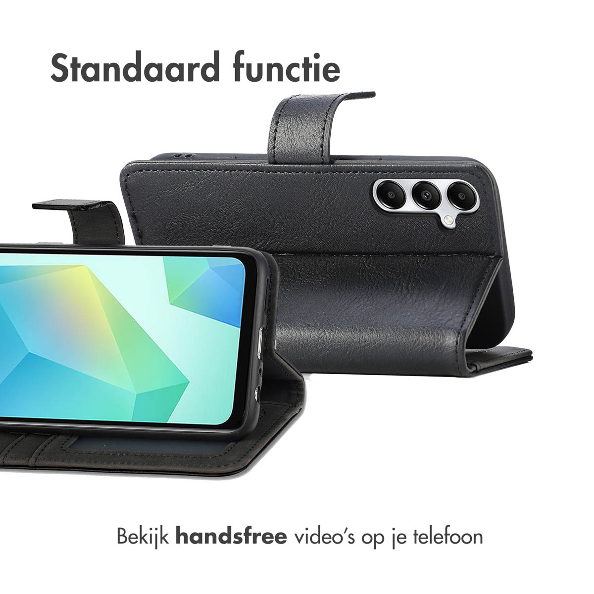 Zwarte telefoonhoes met telefoon erin, open om het scherm te laten zien. De hoes heeft een standfunctie voor handsfree videogesprekken.