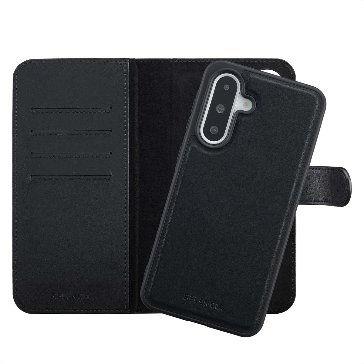 Étui de téléphone noir avec rabat et téléphone à l'intérieur. L'étui est ouvert, montrant l'intérieur et la marque SELENCIA.