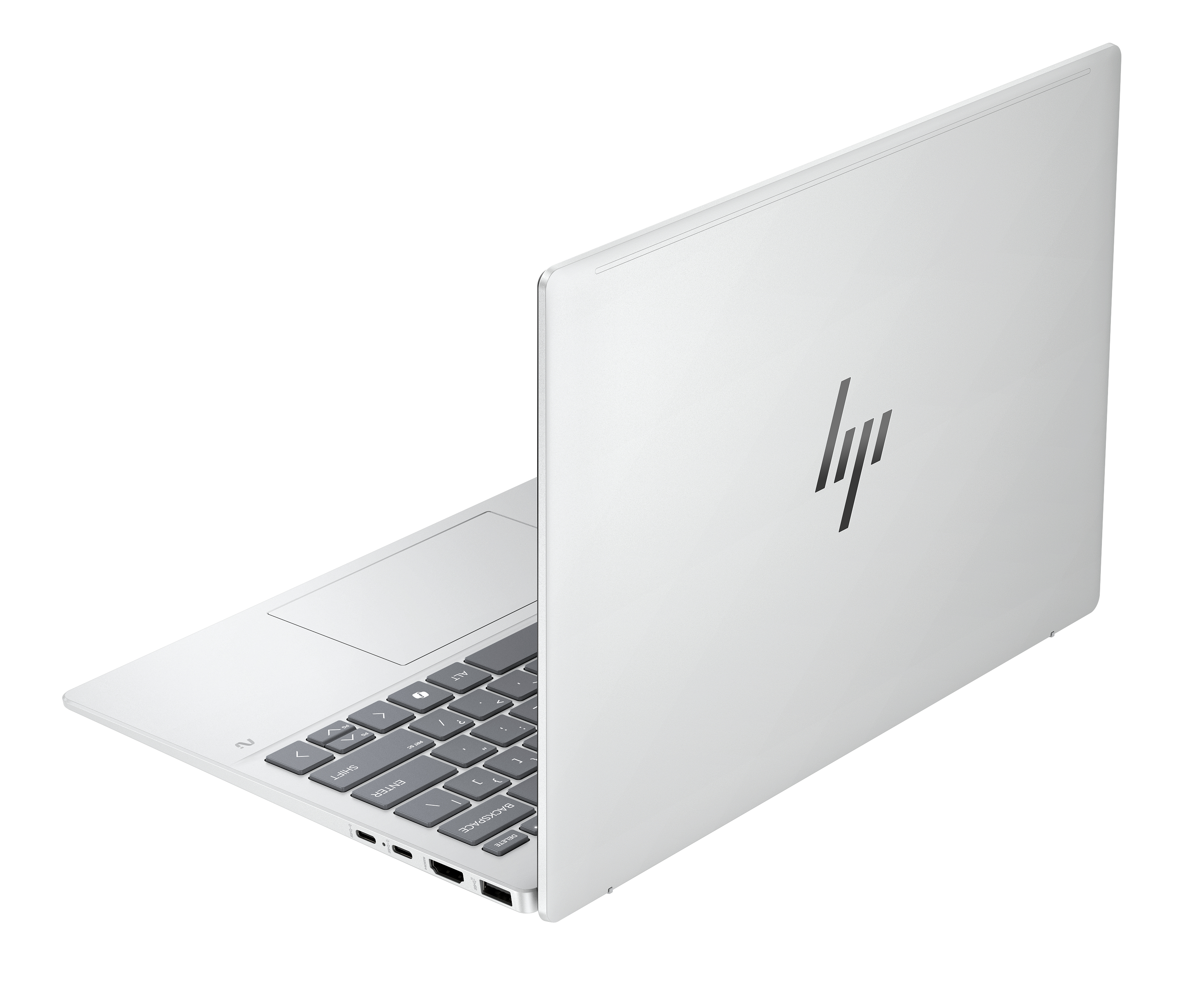 Een witte HP-laptop is open, met toetsenbord en scherm. Het HP-logo is zichtbaar.