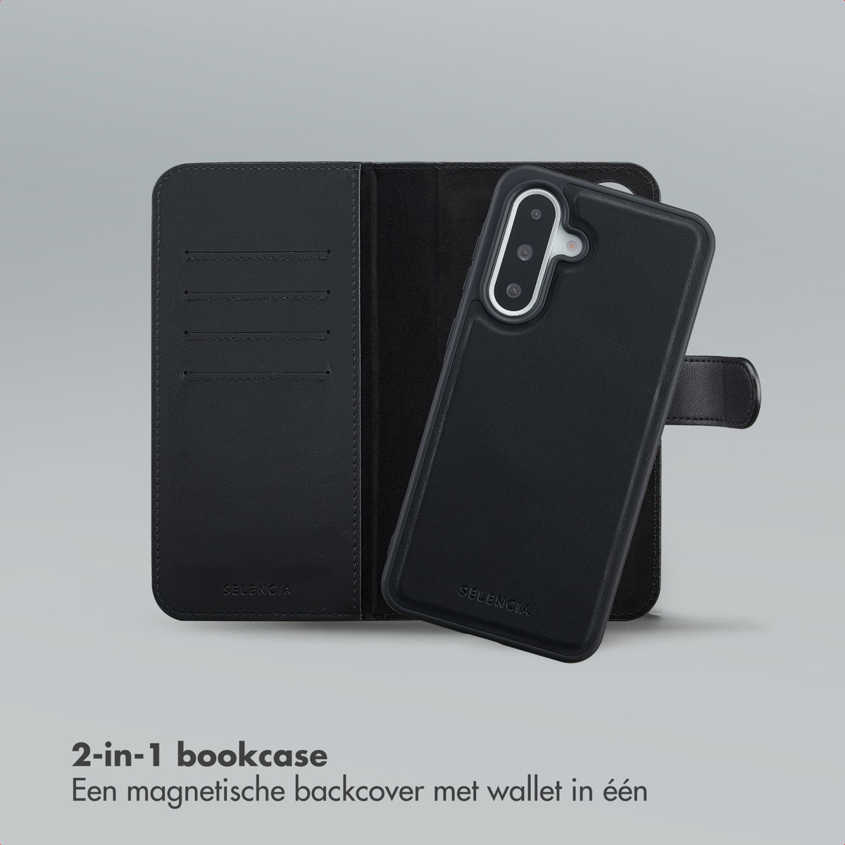 Étui de téléphone en cuir noir avec portefeuille, ouvert. Un téléphone est dans l'étui. L'étui est sur fond gris.