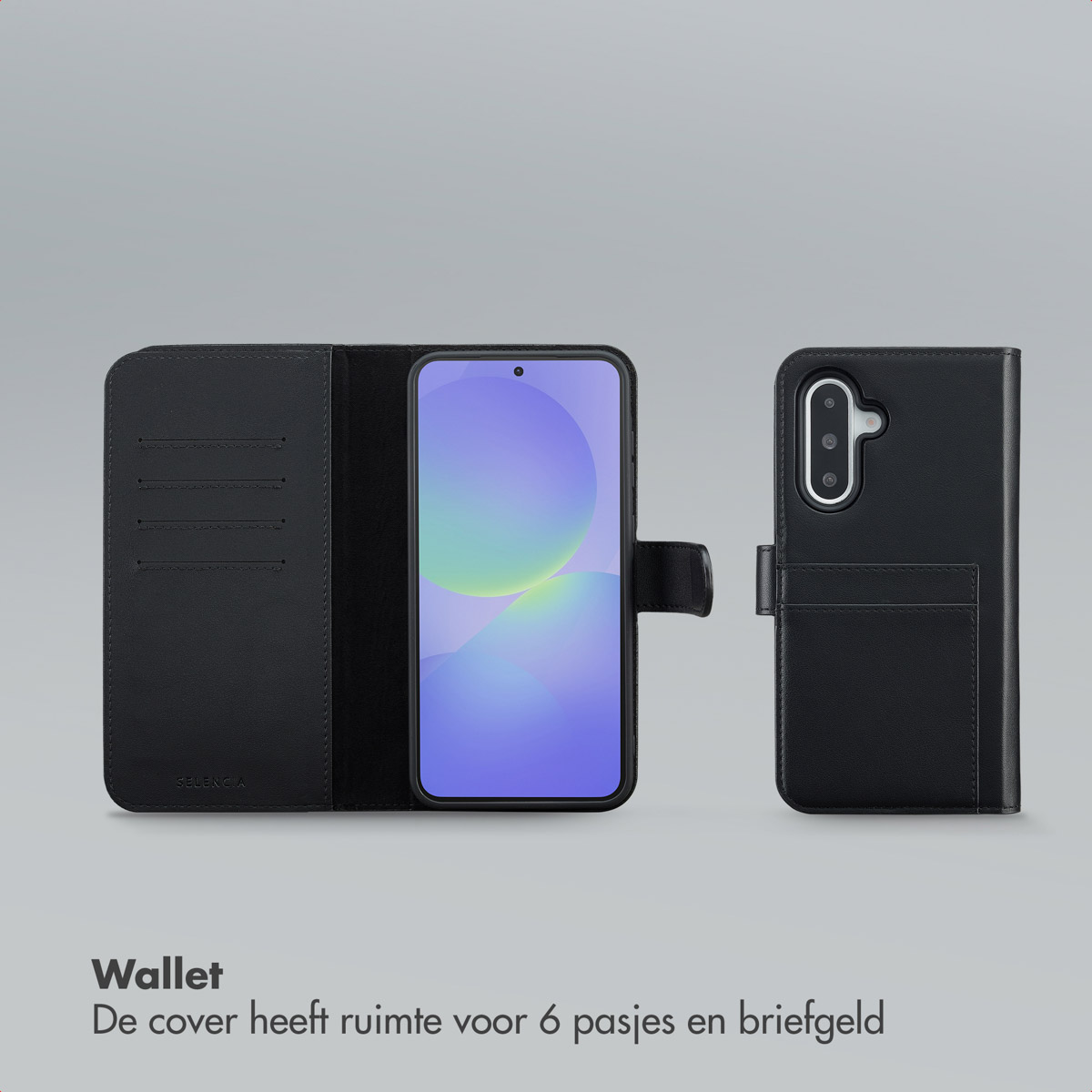 Étui portefeuille noir avec téléphone à l'intérieur, affiché ouvert et fermé, sur fond gris. Texte en bas : Portefeuille. Contient 6 cartes.