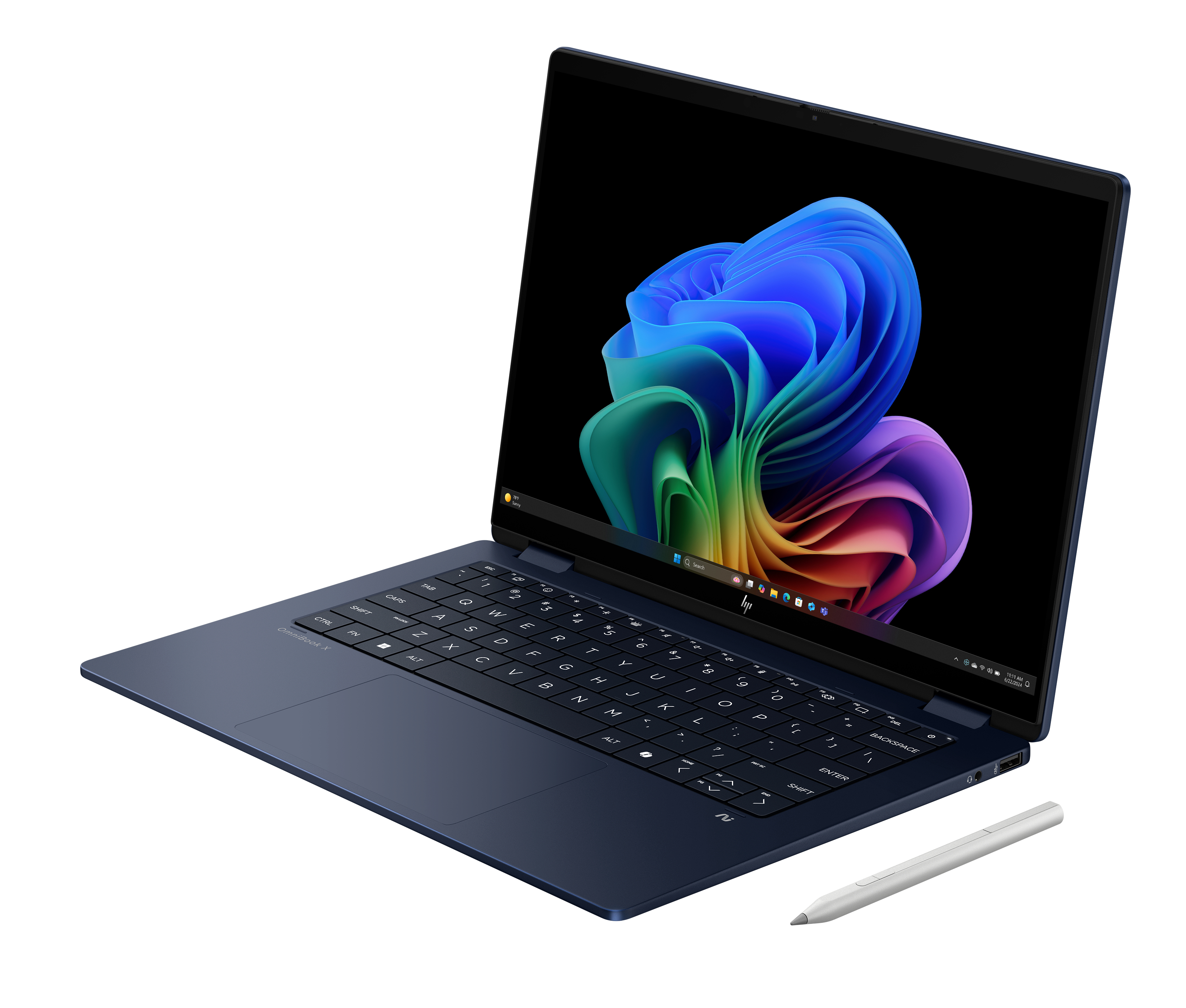 A navy laptop is open, displaying a colorful abstract image. A stylus pen lies beside it.