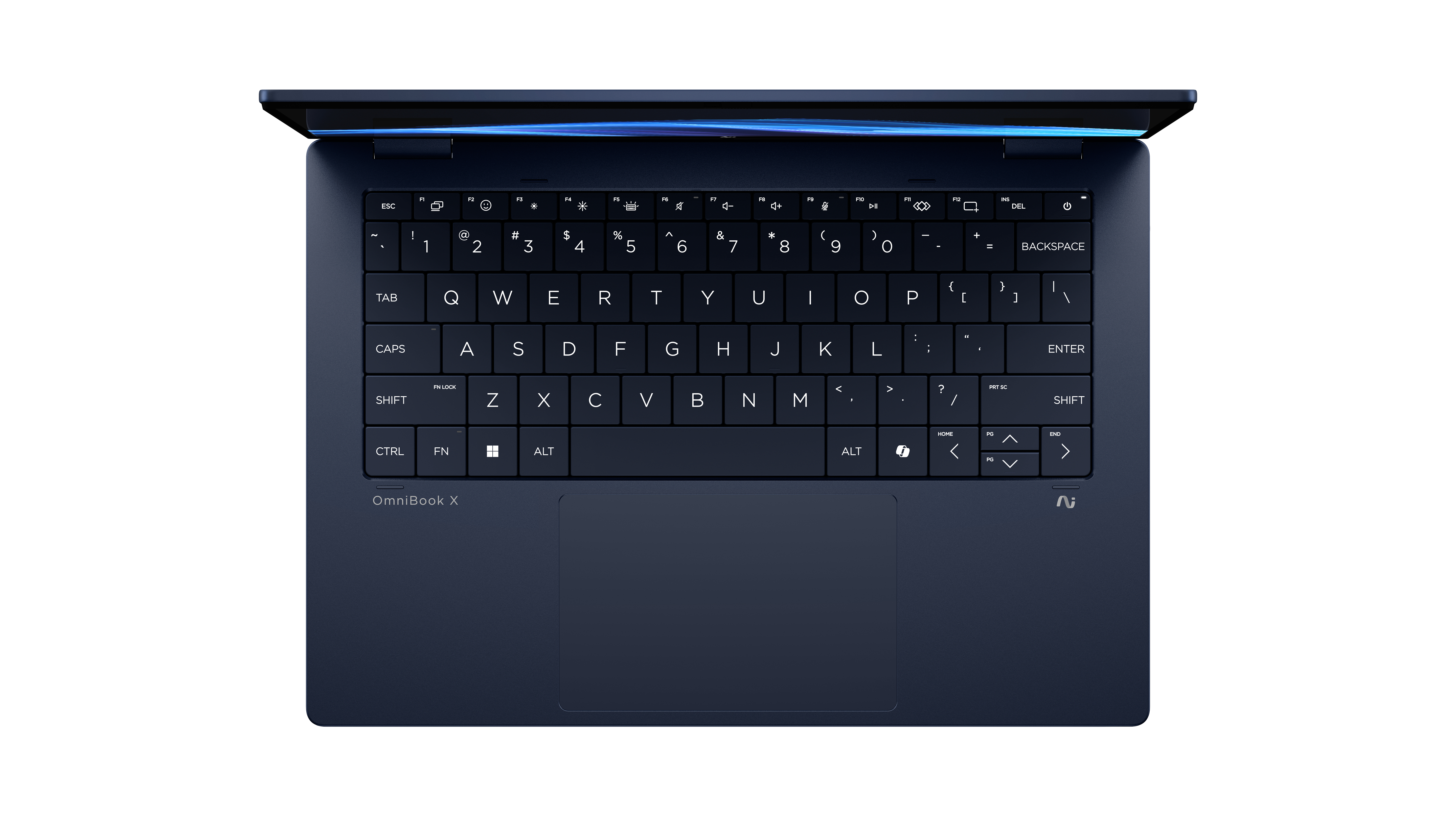 Een blauwe laptop staat open en toont een toetsenbord met witte letters en symbolen. Het scherm staat een beetje open.