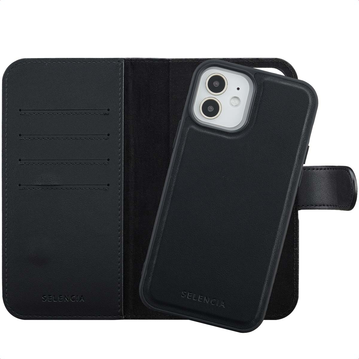 Coque de téléphone noire avec design portefeuille. iPhone à l'intérieur. La marque SELENCIA est visible. L'étui est ouvert.