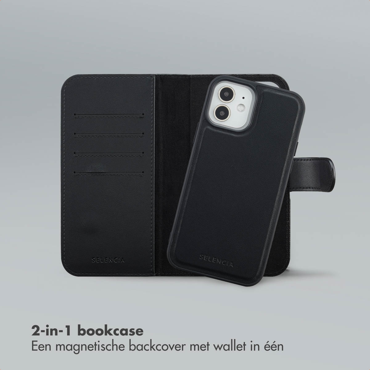 Un étui de téléphone noir avec une fonction portefeuille, ouvert. L'étui porte le nom de la marque Selencia. Le fond est gris.
