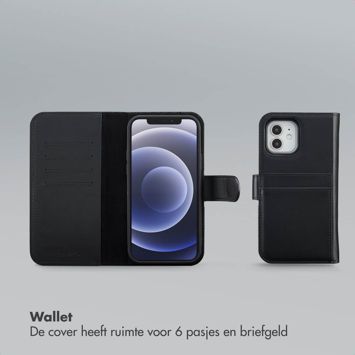Étui portefeuille noir pour téléphone, ouvert et fermé. Il y a de la place pour 6 cartes et des billets.