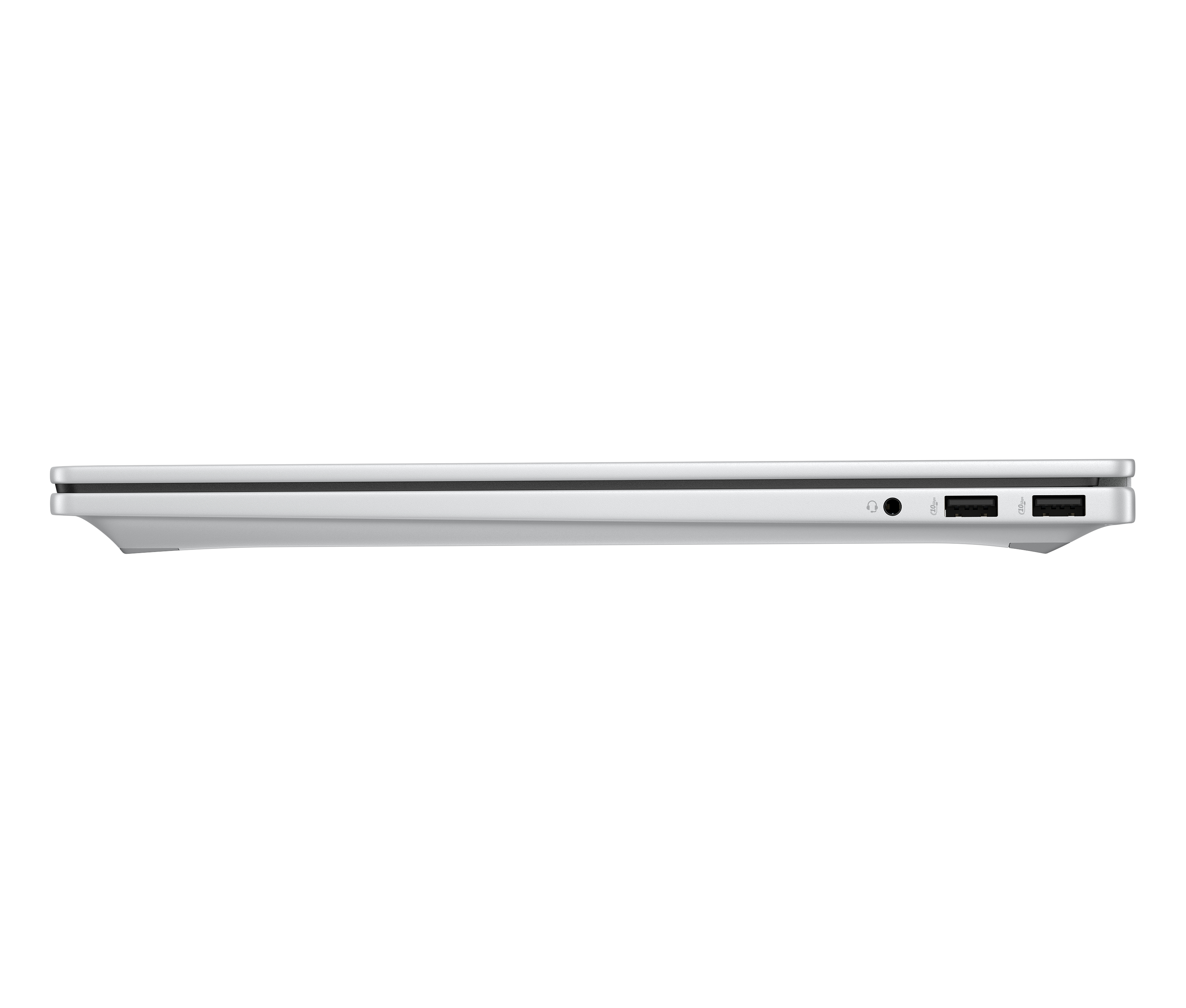 Vista laterale di un laptop argentato. Mostra porte: audio, USB. Sfondo bianco.