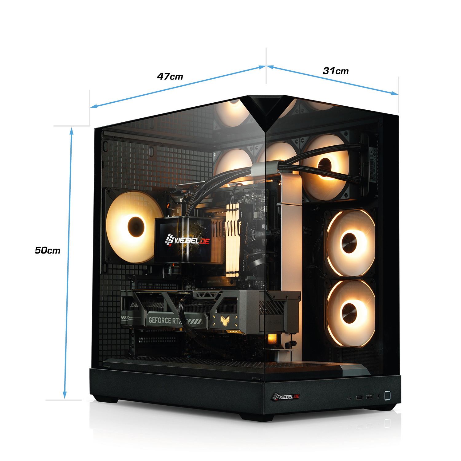 Ein Computergehäuse mit internen Komponenten, beleuchteten Lüftern und beschrifteten Abmessungen. Zeigt eine Grafikkarte und einen CPU-Kühler.