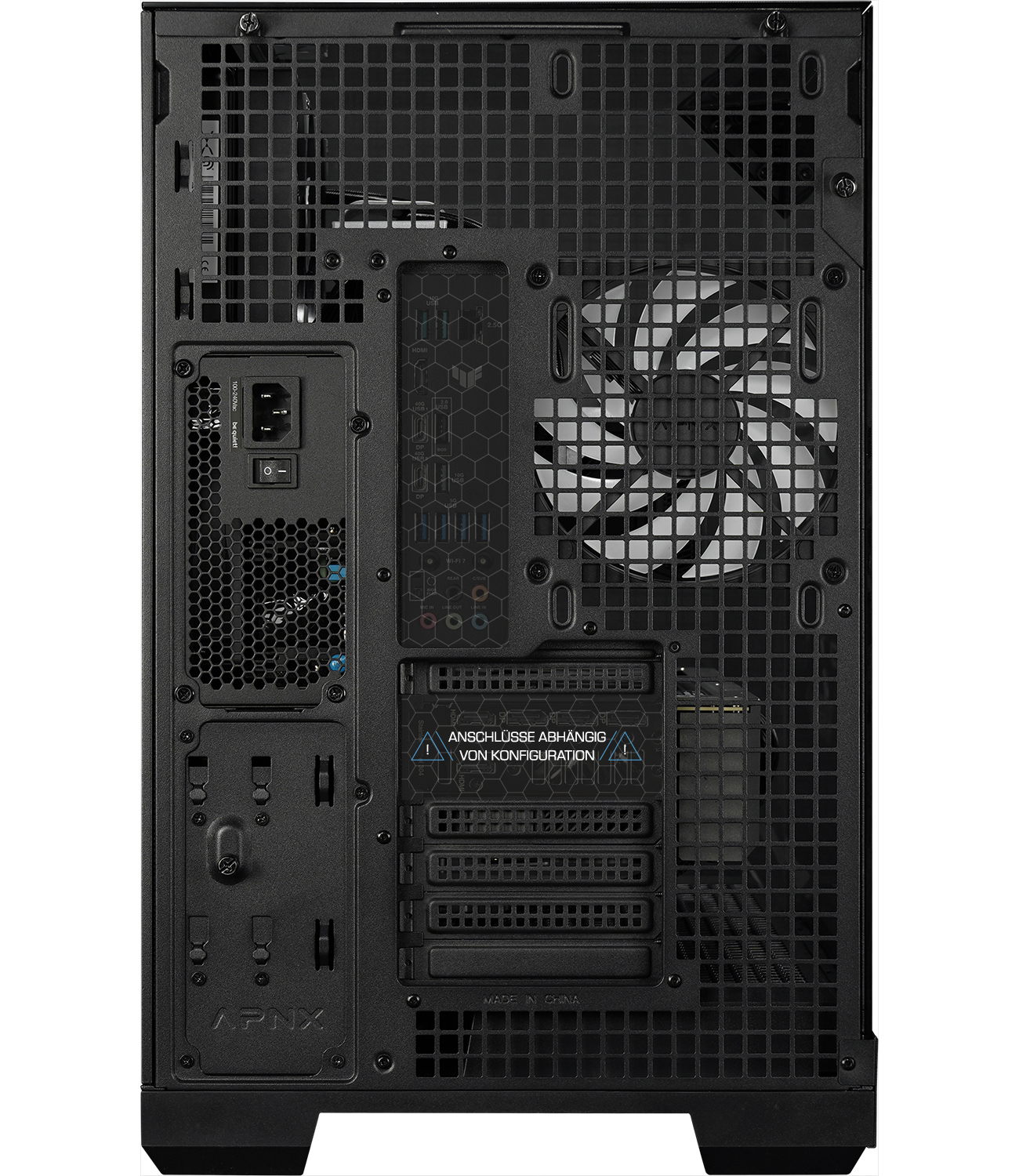 Rückseite eines schwarzen Computergehäuses. Es hat ein Netzteil, Lüfter und verschiedene Anschlüsse. Ein Warnschild ist ebenfalls sichtbar.