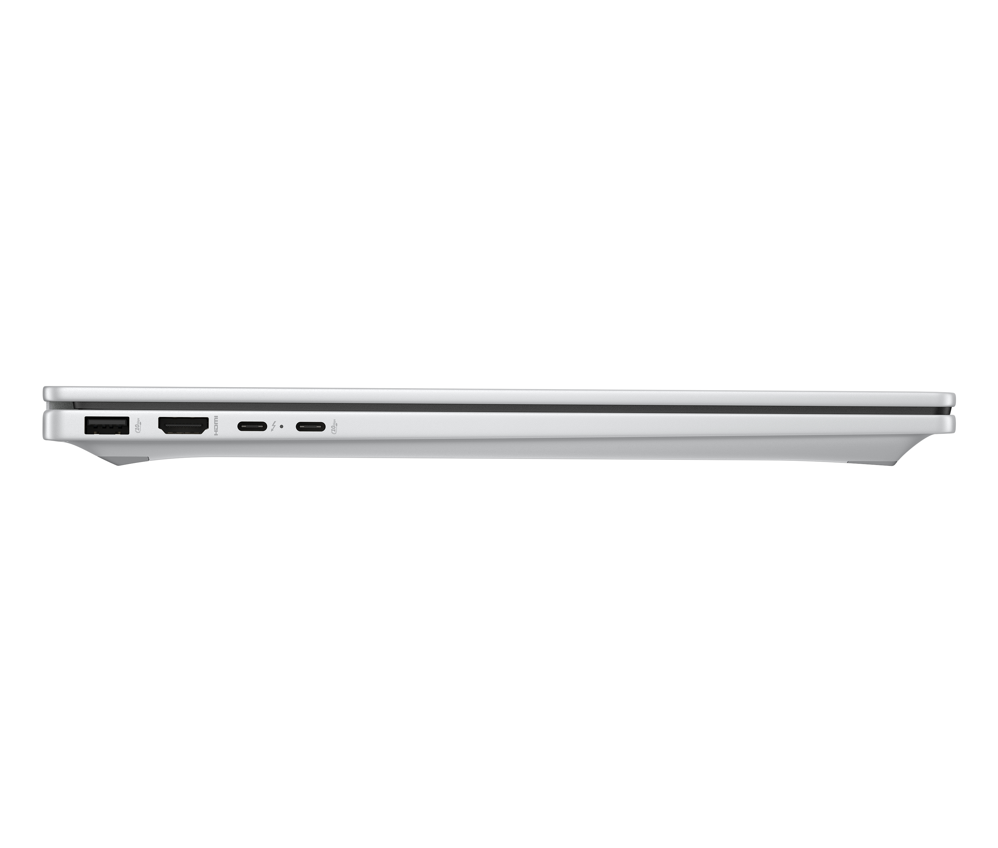 Vista laterale di un laptop argentato. Porte: USB, HDMI e Thunderbolt. Striscia nera in alto.
