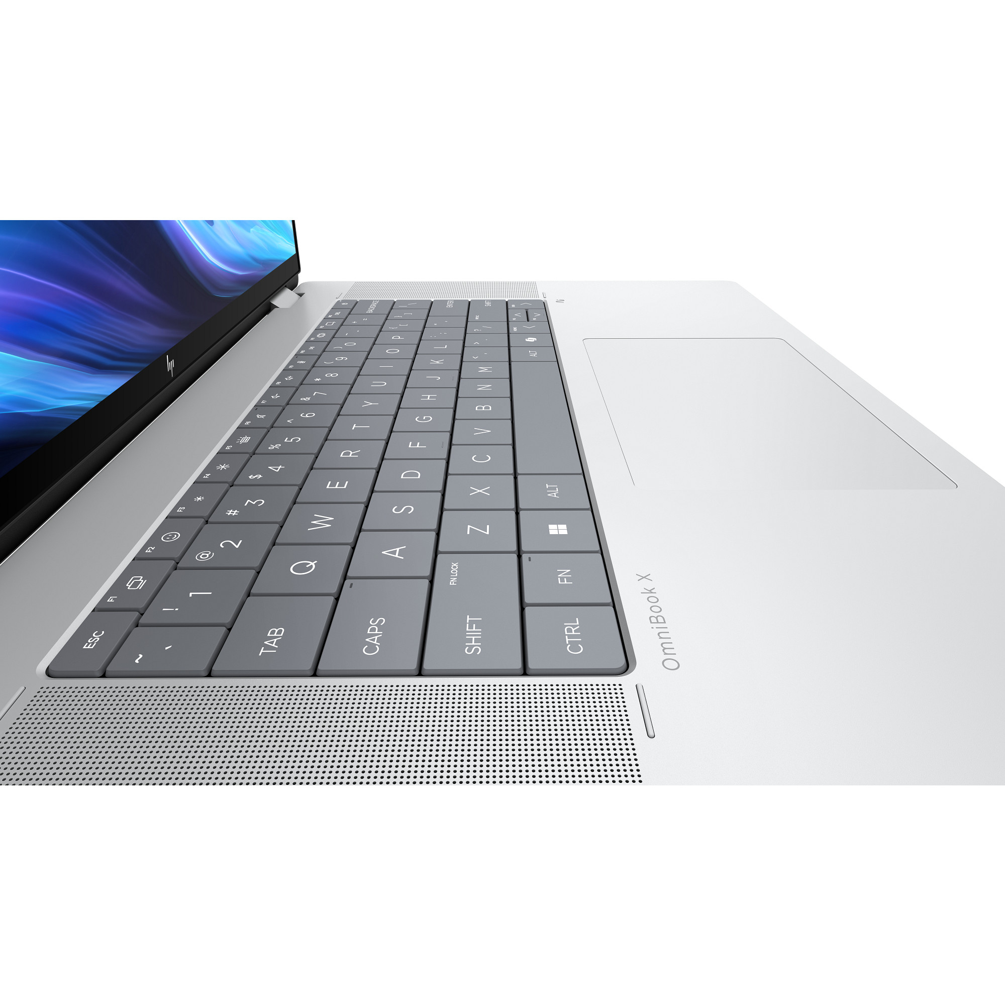 Een zilveren laptop met een grijs toetsenbord is schuin. Het scherm toont een blauw-paarse weergave. De touchpad bevindt zich rechts.