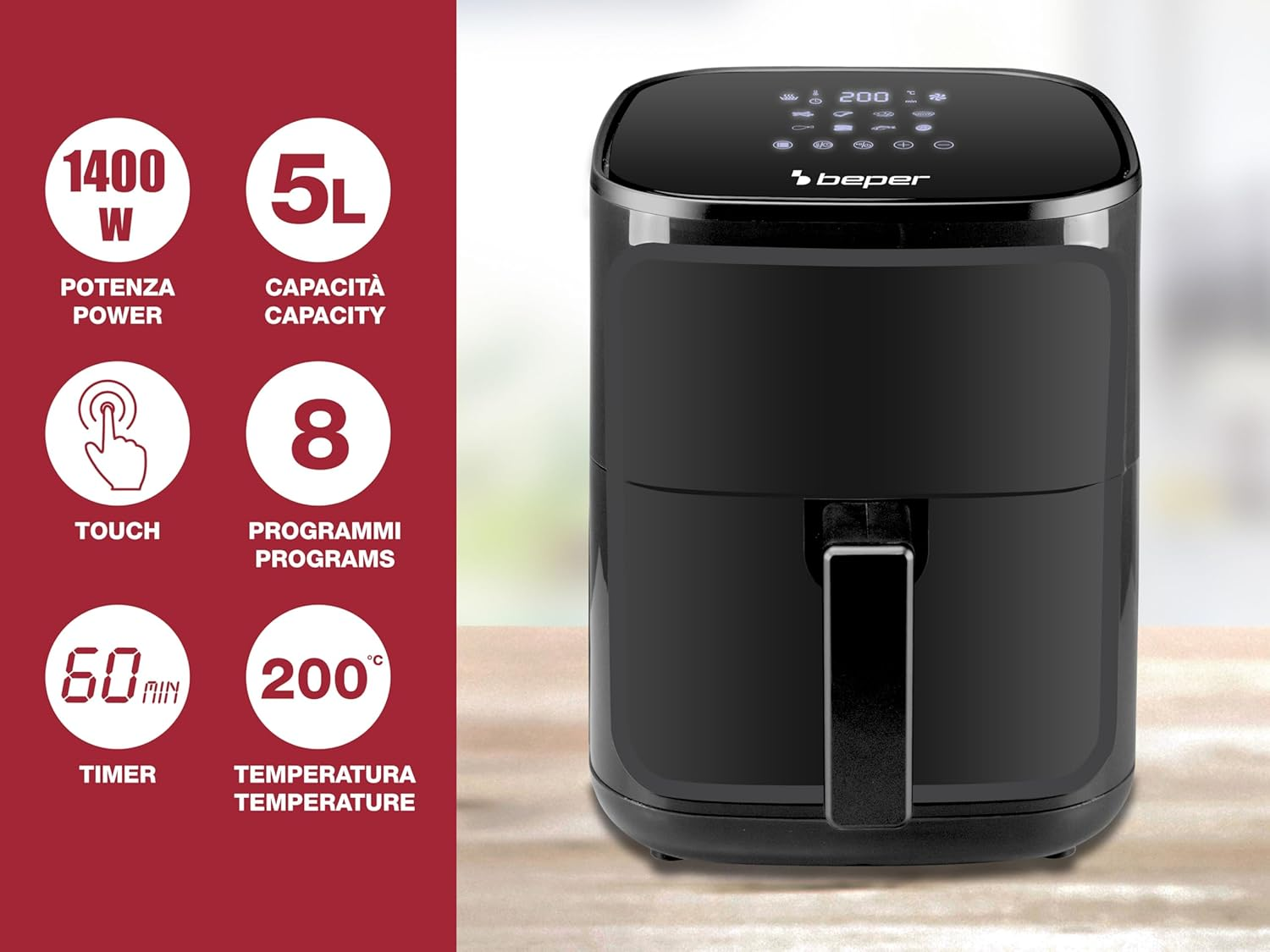 Czarna frytkownica powietrzna z wyświetlaczem cyfrowym. Tekst pokazuje: moc 1400W, pojemność 5L, sterowanie dotykowe, 8 programów, timer 60 min, temp. 200°C.