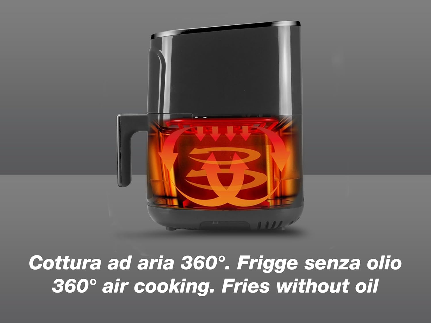 Czarna frytkownica powietrzna z technologią gotowania 360°. Wnętrze pomarańczowe, tekst: 'Smażenie bez oleju'.