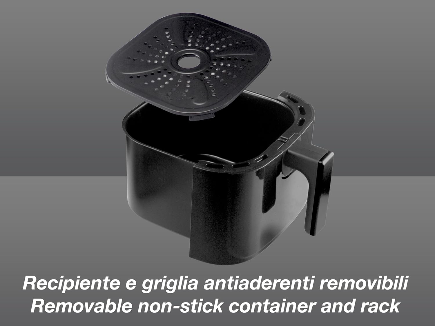Czarna frytkownica powietrzna z otwartą pokrywą. Pokrywa i pojemnik mają otwory. Pojemnik ma uchwyt. Tekst: Wyjmowany pojemnik i ruszt nieprzywierający.