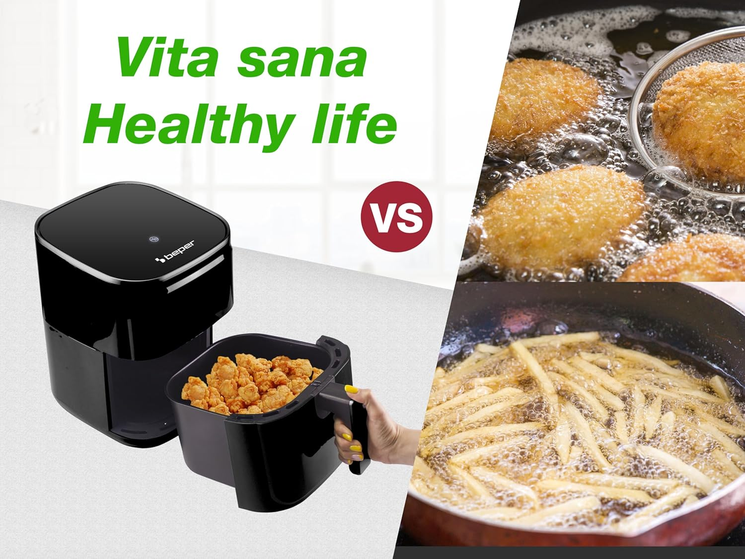 Frytownica powietrzna obok zdjęć smażonych potraw. Frytownica powietrzna ma smażonego kurczaka. Smażone potrawy: krokiety i frytki.