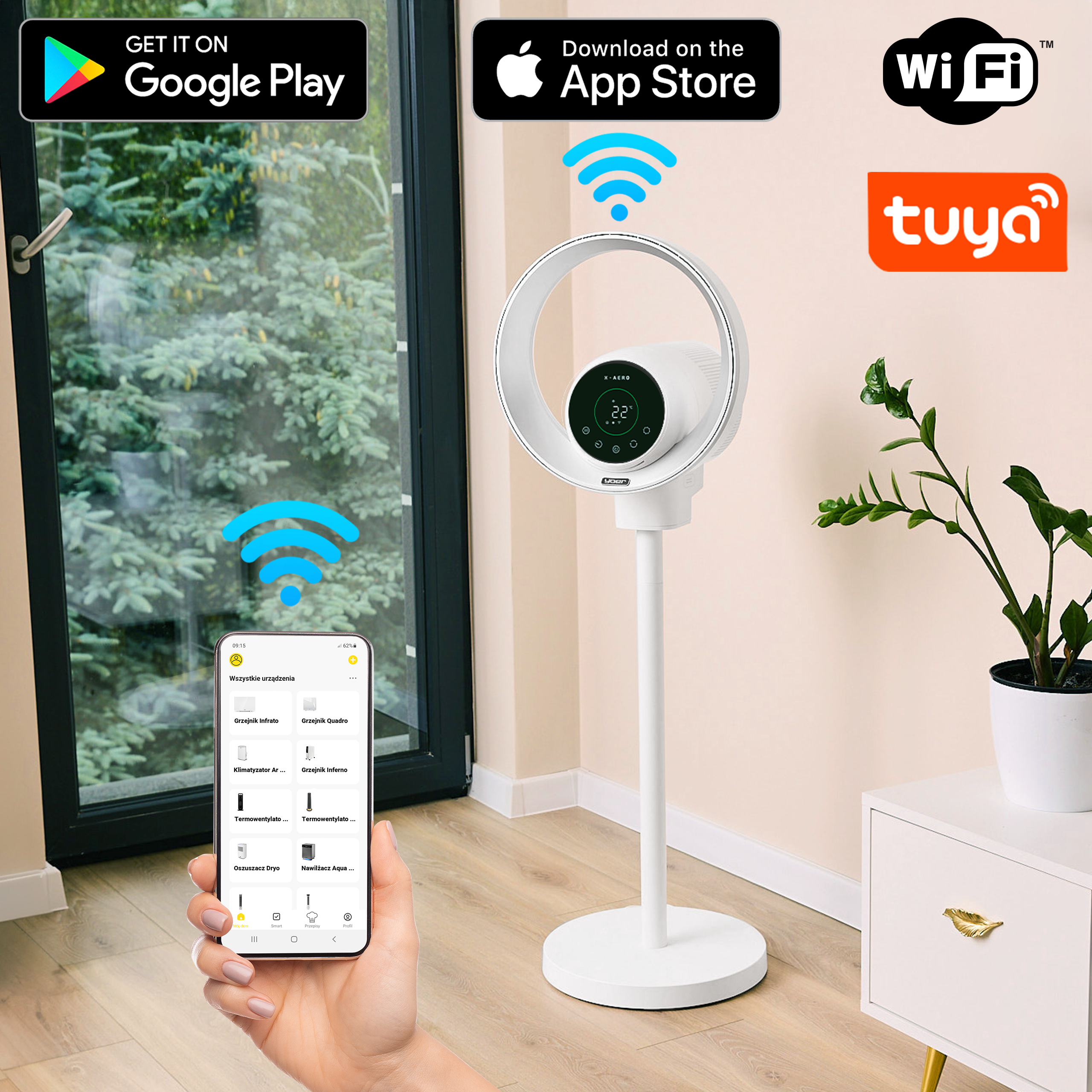 Biały wentylator z cyfrowym wyświetlaczem, połączony z Wi-Fi, sterowany telefonem, zintegrowany z Tuya.