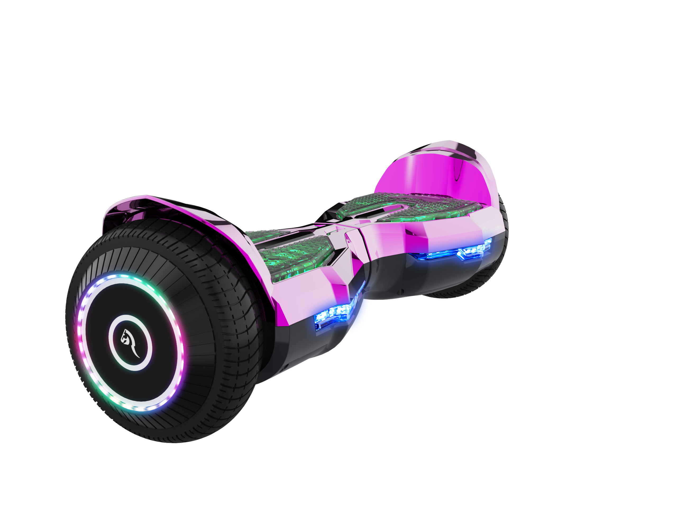 Un hoverboard rosa y negro con luces LED. Tiene un fondo negro.