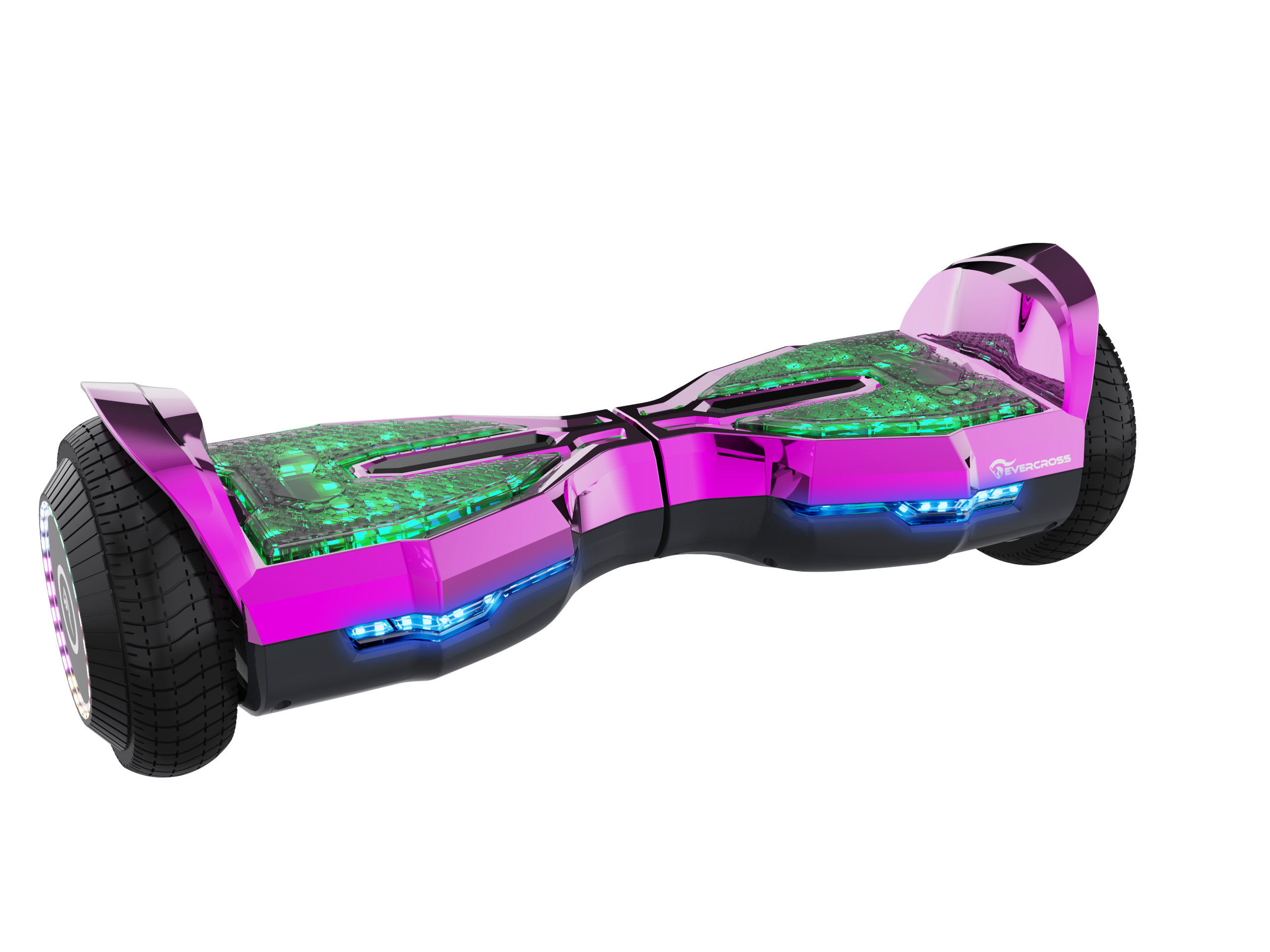 Un hoverboard rosa con ruedas negras, iluminado con luces azules y verdes, sobre un fondo negro.