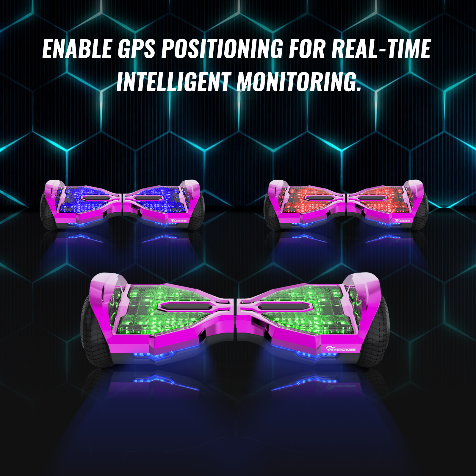 Tres hoverboards rosas con diferentes colores LED sobre un fondo oscuro. El texto dice: Habilitar posicionamiento GPS para monitoreo inteligente.